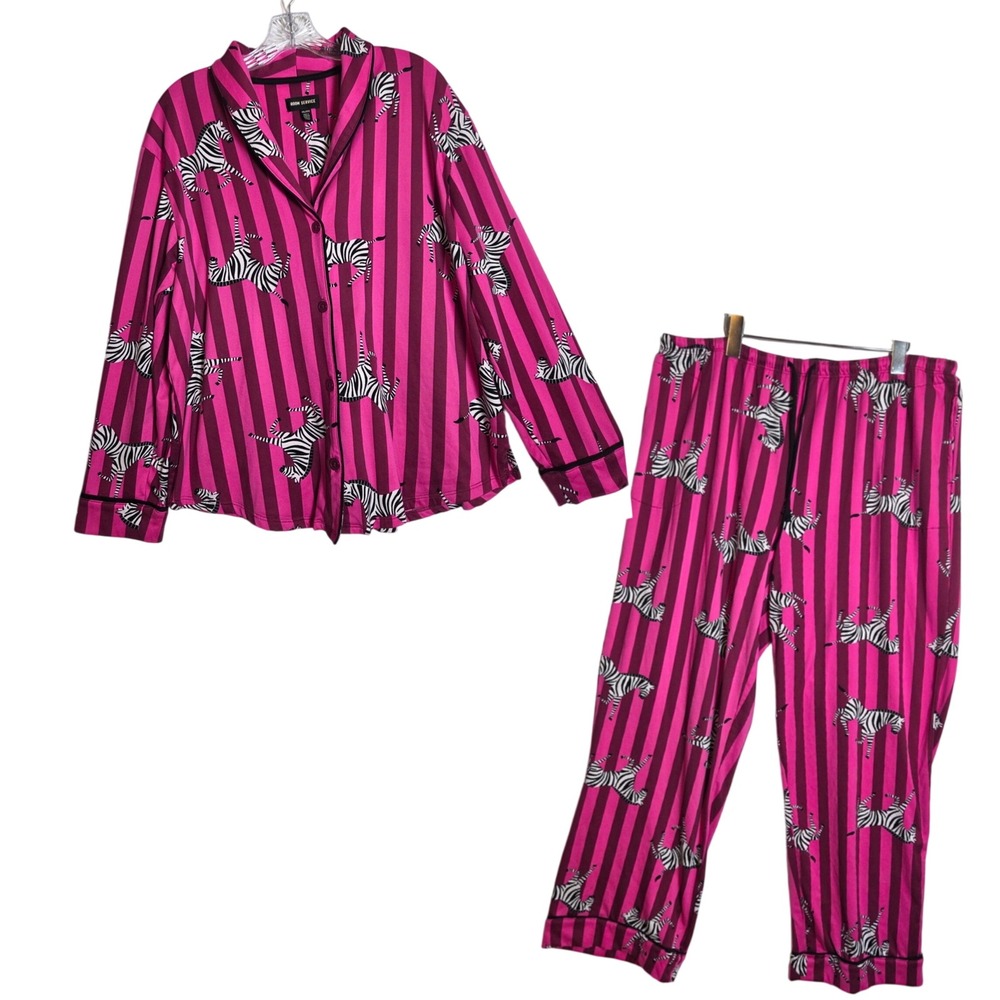 Room Service Womens Pink Zebra Stripe Pajama Set XXL Long Sleeve Button Up Pants